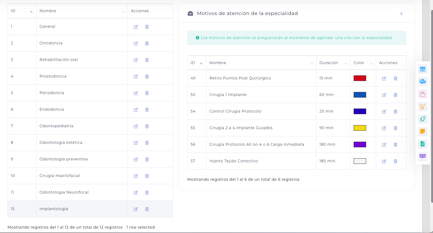 Catálogo de especialidades y motivos de atención con duración y color en Mezak
